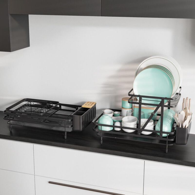 Hivvago 2-Tier Collapsible Dish Drainer Rack with Removable Drip Tray