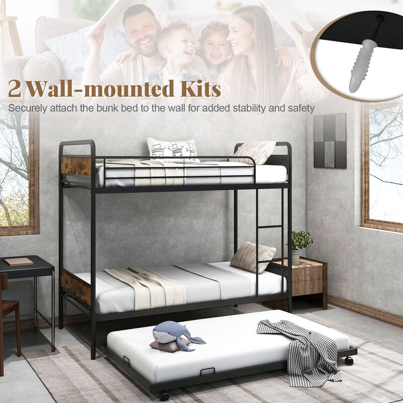 Bunk Bed with Trundle with Ladder and Full-length Guardrails
