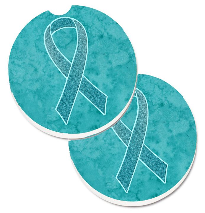 Caroline's Treasures Teal Ribbon For Ovarian Cancer Awareness Set of 2 Cup Holder Car Coasters AN1201CARC, 2.56, Multicolor