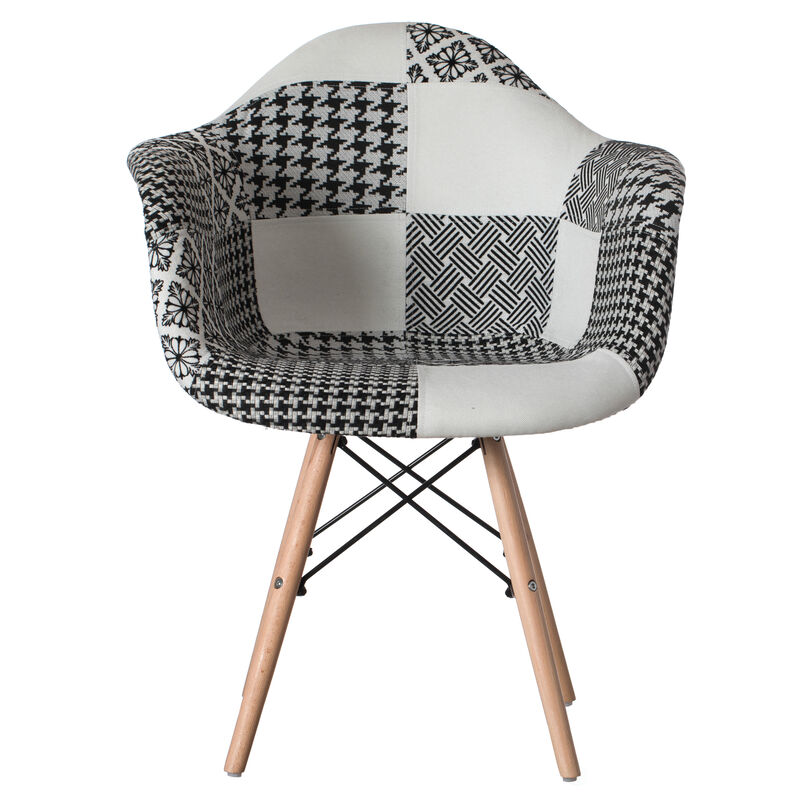 Mid-Century Modern Style Fabric Lined Armchair with Beech Wooden Legs, Black and White Set 2