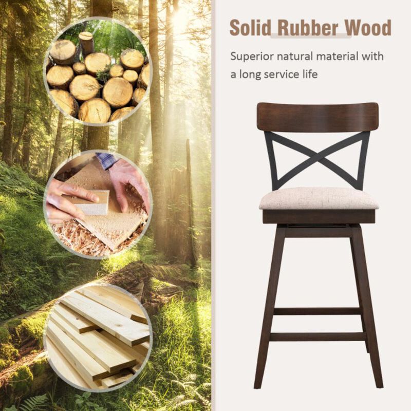 Hivvago Set of 2 Wooden Swivel Bar Stools with Cushioned Seat and Open X Back