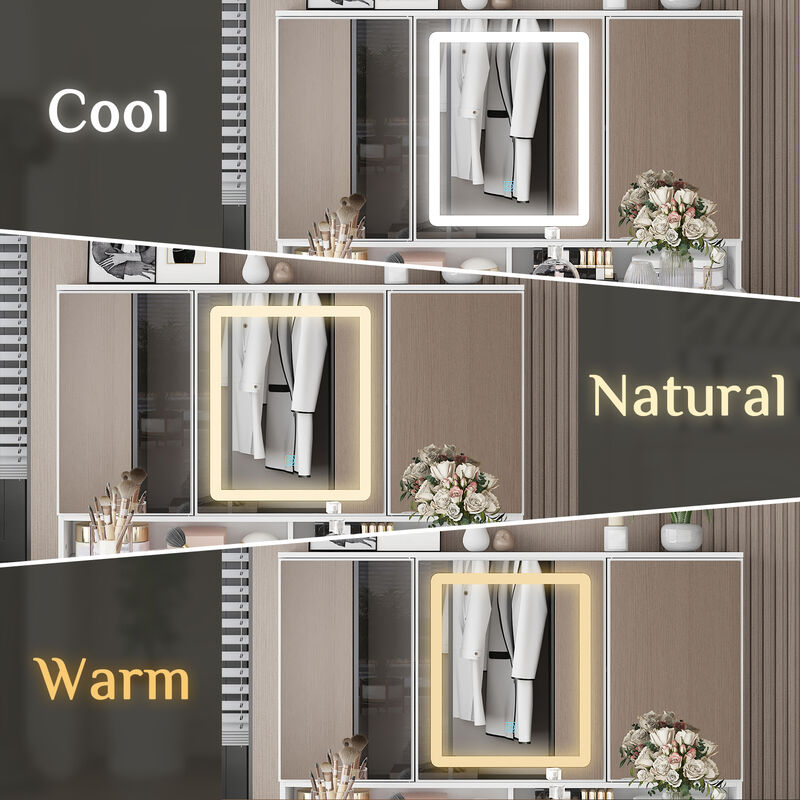 White Makeup Vanity Table Dressing Desk with 3-Mirrors, LED Lighted, 9-Drawers, Hidden Storage Shelves, Crystal Handles