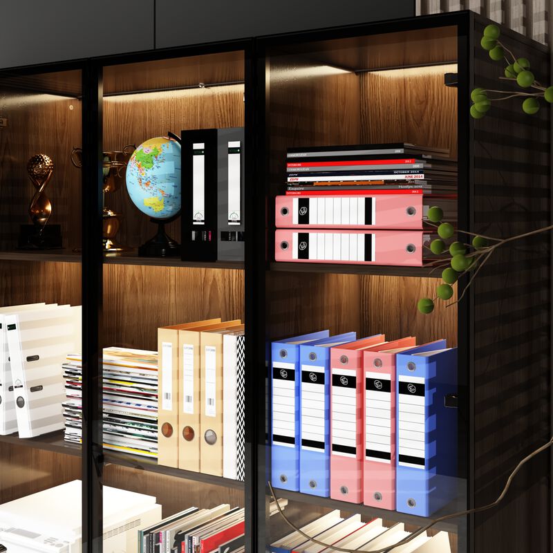 Brown Wood 63 in. W Display Cabinet With Pop up Tempered Glass Doors, 3-Color LED Lights, Drawers, Adjustable Shelves