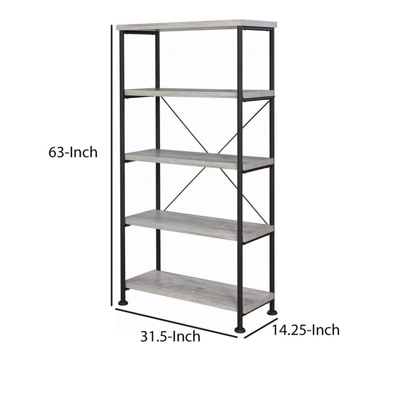 Sophisticated Wood and Metal Open Bookcase, Gray-Benzara