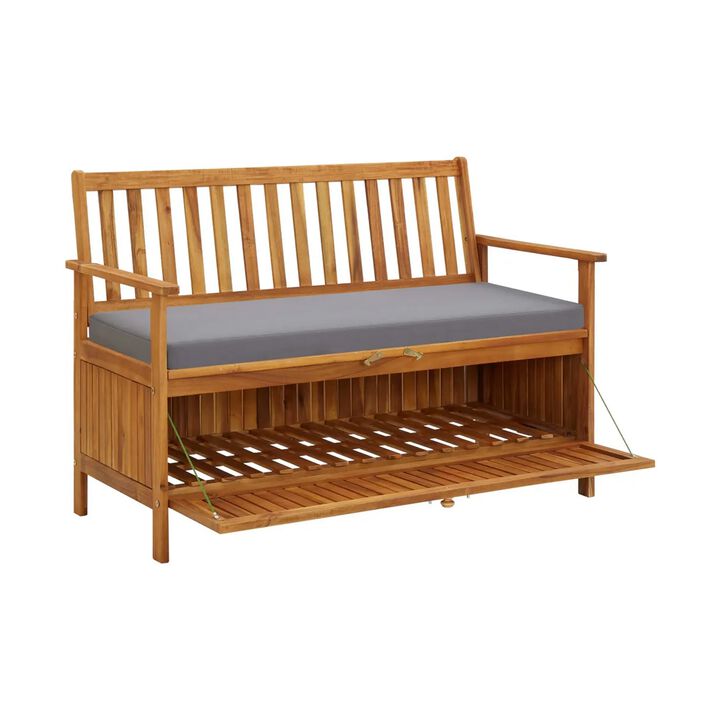 Outdoor Storage Bench, Brown Solid Acacia Wood, Gray Fabric, 47 Inch - Benzara