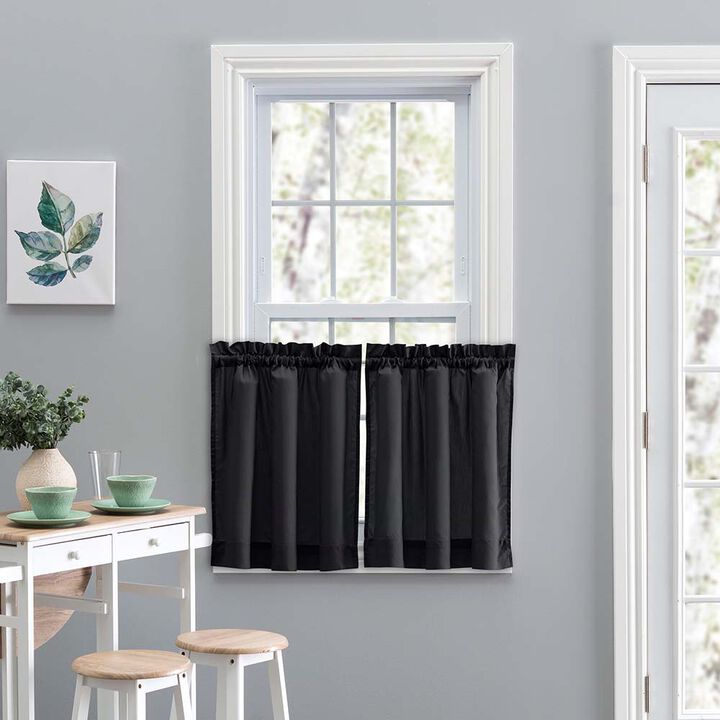Ellis Stacey Solid Color Window 1.5" Rod Pocket Fabric Tailored Tier Pair 56"x36" Black