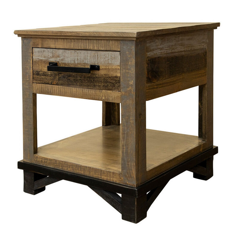 Peya 26 Inch Side End Table, Shelf, 1 Drawer, Distressed Gray, Brown Wood -Benzara