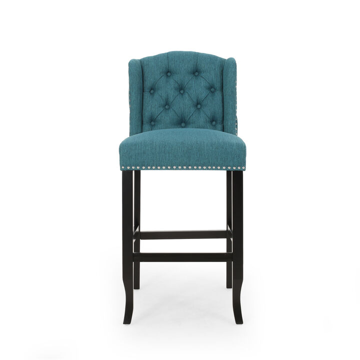 Seliva Barstool Chair Set of 2, Teal Fabric, Tufted Back, Brown Rubberwood - Benzara