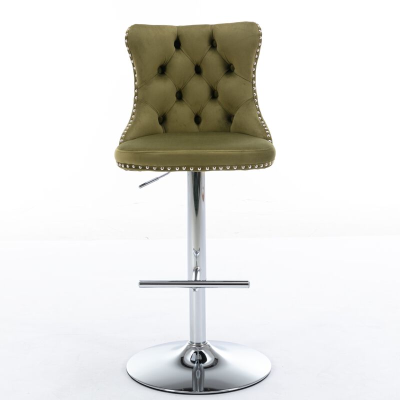 Swivel Velvet Barstools, Adjustable Height, Set of 2, Olive Green
