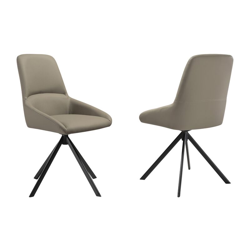 Rick 22 Inch Swivel Dining Chair Set of 2, Taupe Faux Leather, Black Legs - Benzara