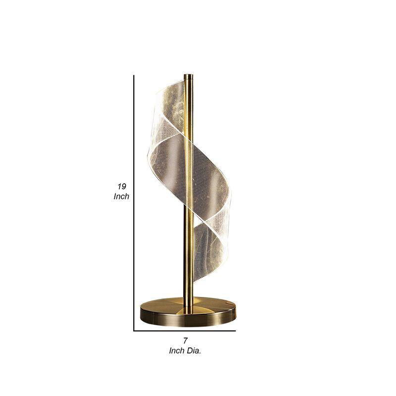 Melly 19 Inch Table Lamp, LED Swirl Ribbon Design, Acrylic, Antique Brass-Benzara