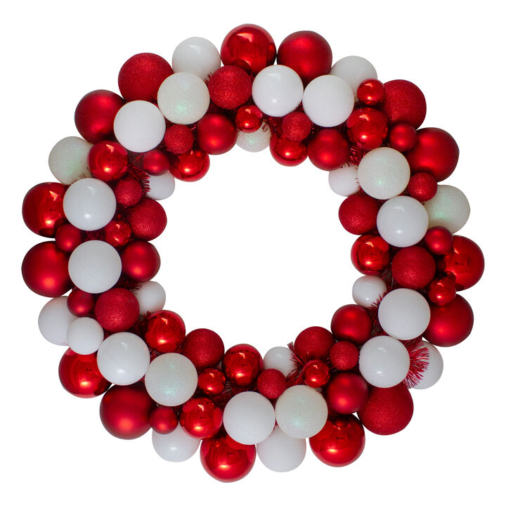 White and Red 3-Finish Shatterproof Ball Christmas Wreath - 24-Inch  Unlit