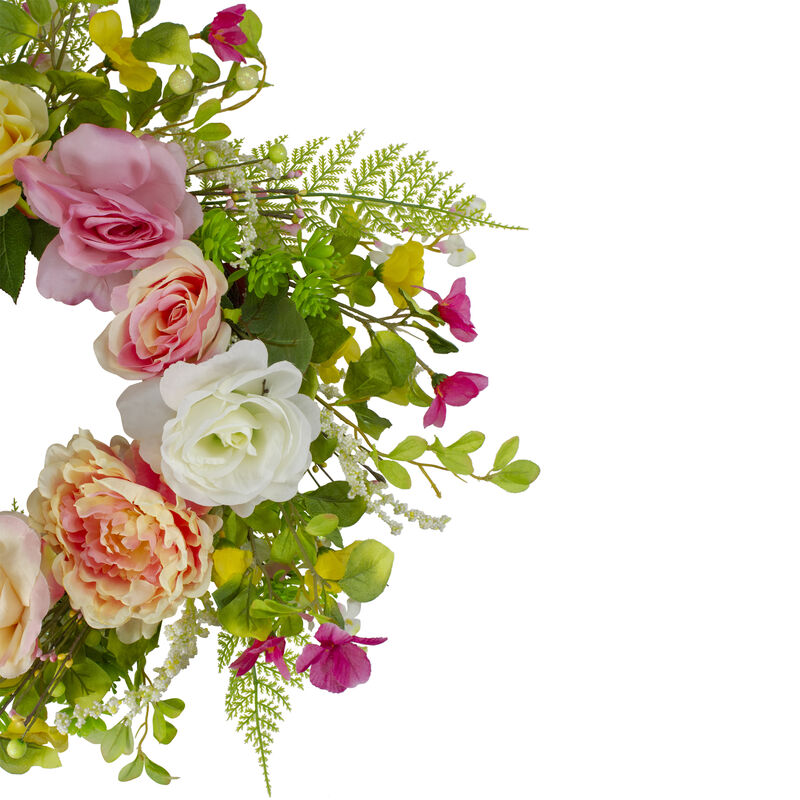Rose and Peony Artificial Floral Spring Wreath  Pink and Yellow - 22-Inch