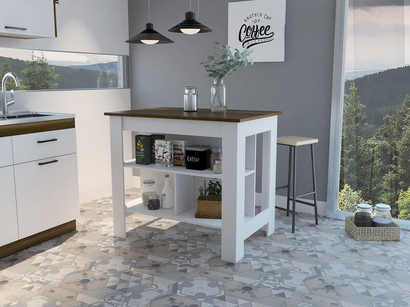 Streamdale Cala Kitchen Island, Four Legs, Three Shelves - White Walnut