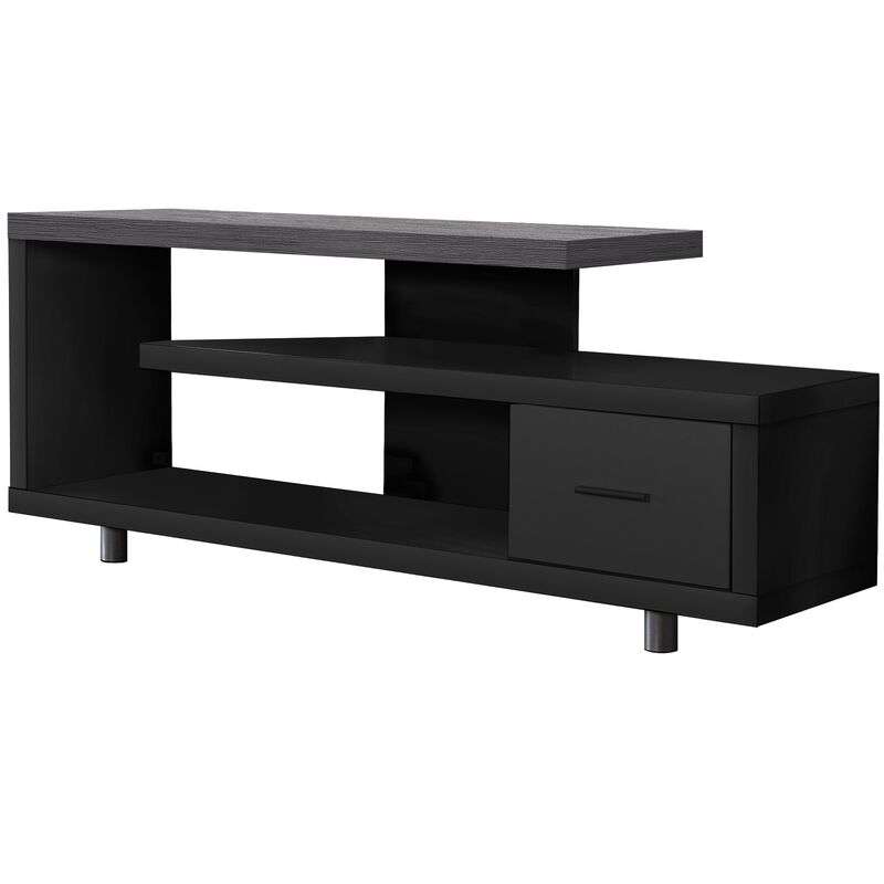 Sleek and Modern Ergode TV Stand - Black Finish with Grey Wood Grain Top, Open Shelving, and Media Storage Drawer. Suitable for all TV sizes.