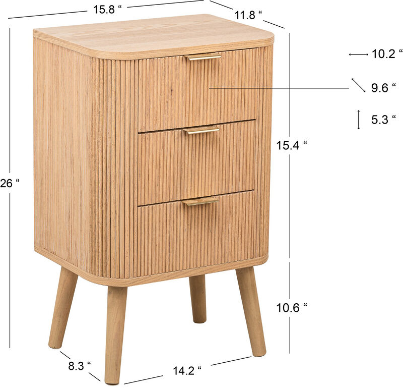 Bedside Table Chest of Drawers 3 Drawers Natural Wood