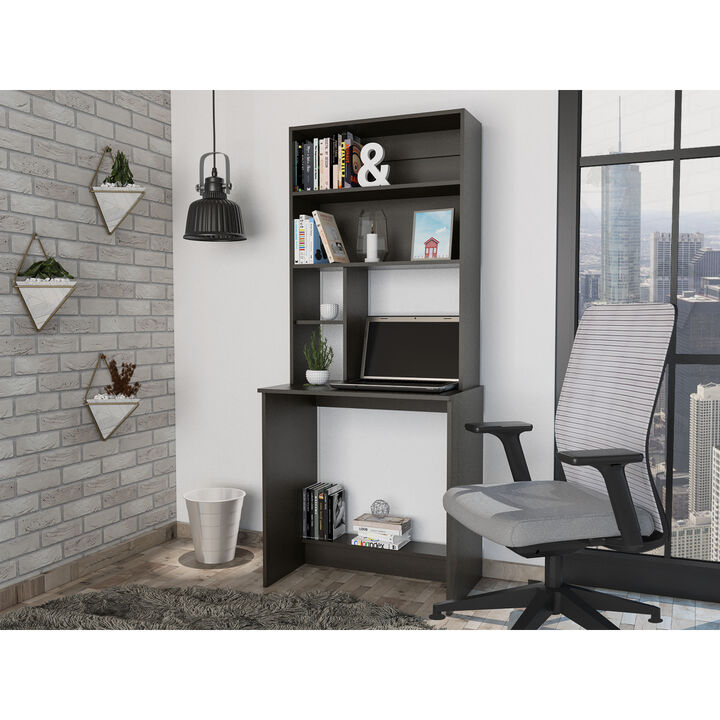 Compu Hutch Desk, Four Shelves, Writing Desk, One Lower Shelf - Black