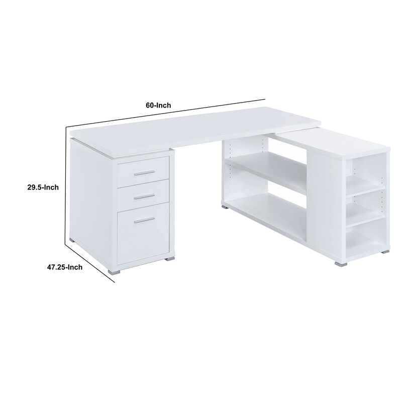 Contemporary L Shaped Office Desk with 3 Drawers and Shelves, White-Benzara
