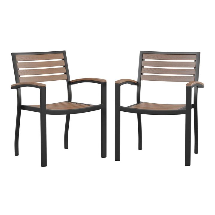 Flash Furniture Outdoor Stackable Faux Teak Side Chair - Commercial Grade Black Aluminum Patio Chair with Synthetic Teak Slats - Set of 2 Flash Furniture Outdoor Stackable Faux Teak Side Chair - Commercial Grade Black Aluminum Patio Chair with Synthetic Teak Slats - Set of 2