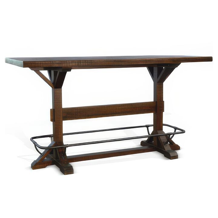 Flint Pub Bar Table, Black Metal Foot Rail, 78 Inch, Dark Brown Wood - Benzara