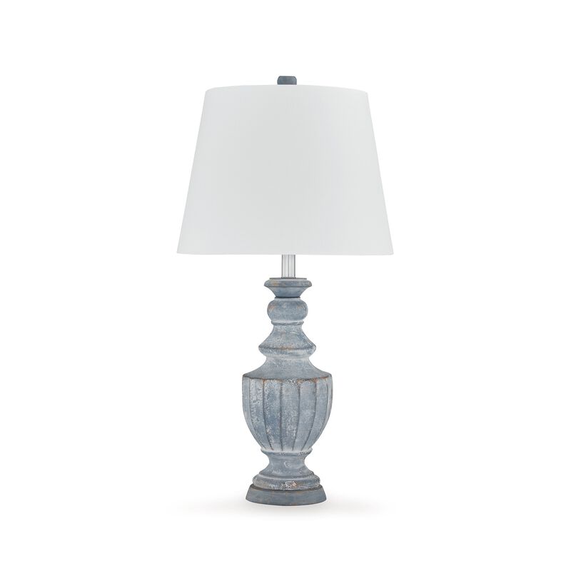 Rick 32 Inch Table Lamp, White Empire Fabric Shade, Turned Blue Terracotta - Benzara