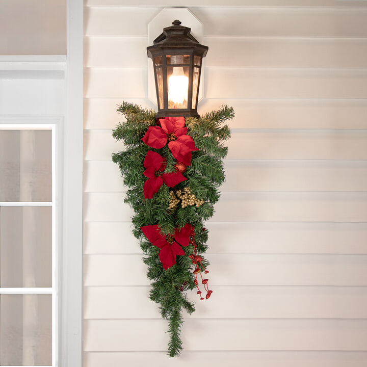 30'' Red Poinsettia and Gold Pine Cone Artificial Christmas Teardrop Swag  Unlit