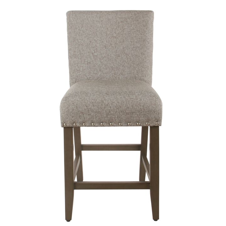 Fabric Upholstered Wooden Counter Stool with Striking Nail head Trims, Gray and Brown - Benzara