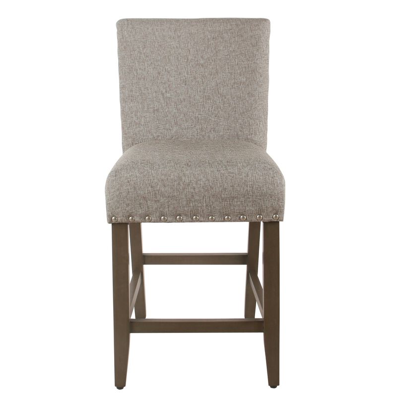 Fabric Upholstered Wooden Counter Stool with Striking Nail head Trims, Gray and Brown - Benzara