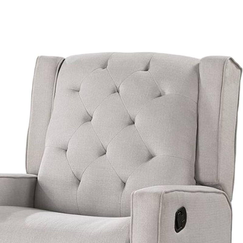 Manie Swivel Glider Manual Recliner, Solid Wood, Light Gray Burlap - Benzara