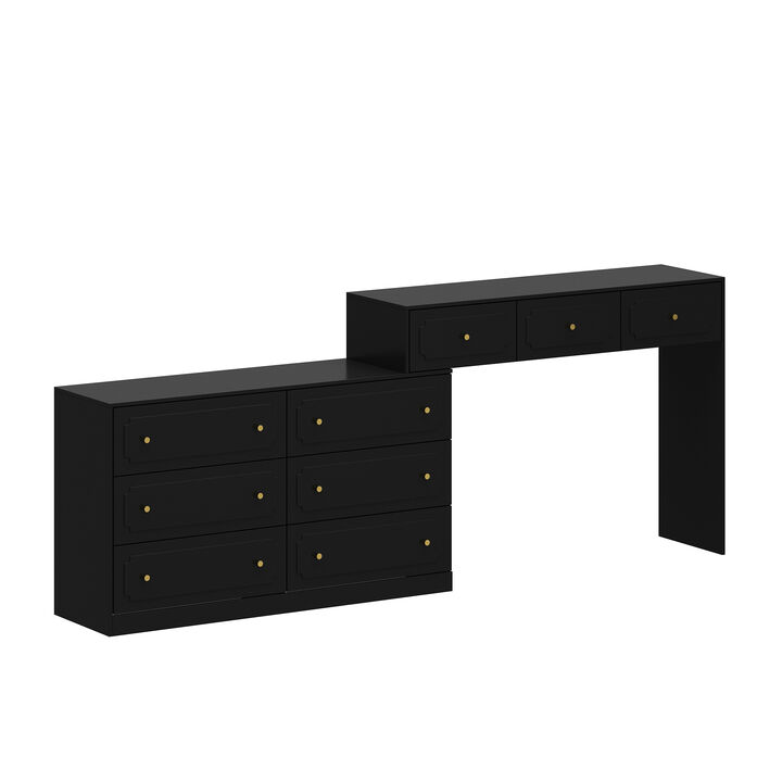 FUFU&GAGA Modern 9-Drawer Vanity Dresser with P2 MDF Construction and Gold Knob Handles, (73.6" W x 13.8" D x 34.9" H), Black