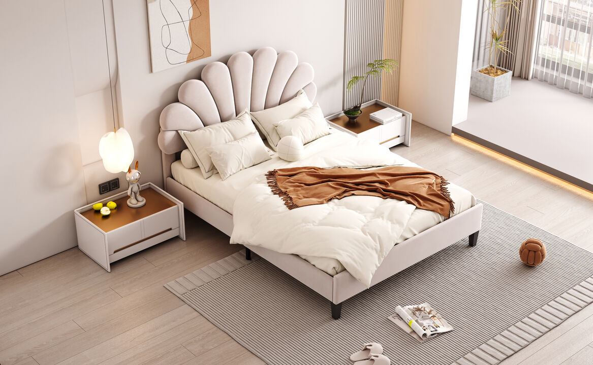 Upholstered Platform Bed with Flower Pattern Velvet Headboard