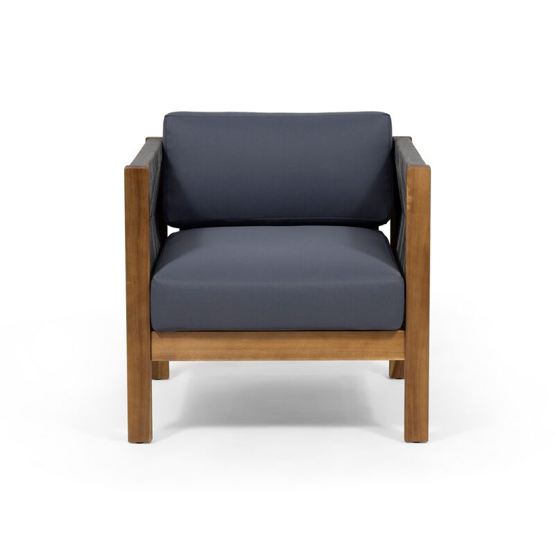 Club Lounge Chair, Woven Rattan Rope, Brown Acacia Wood, Gray Fabric - Benzara