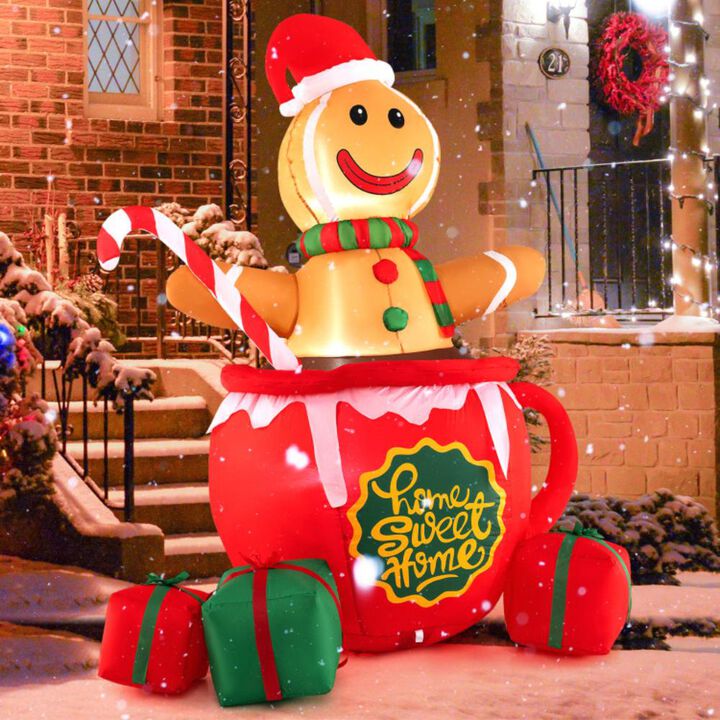 Hivvago 7 Feet Inflatable Gingerbread Man in Hot Cocoa Mug with Built-in LED Lights and Gift Boxes