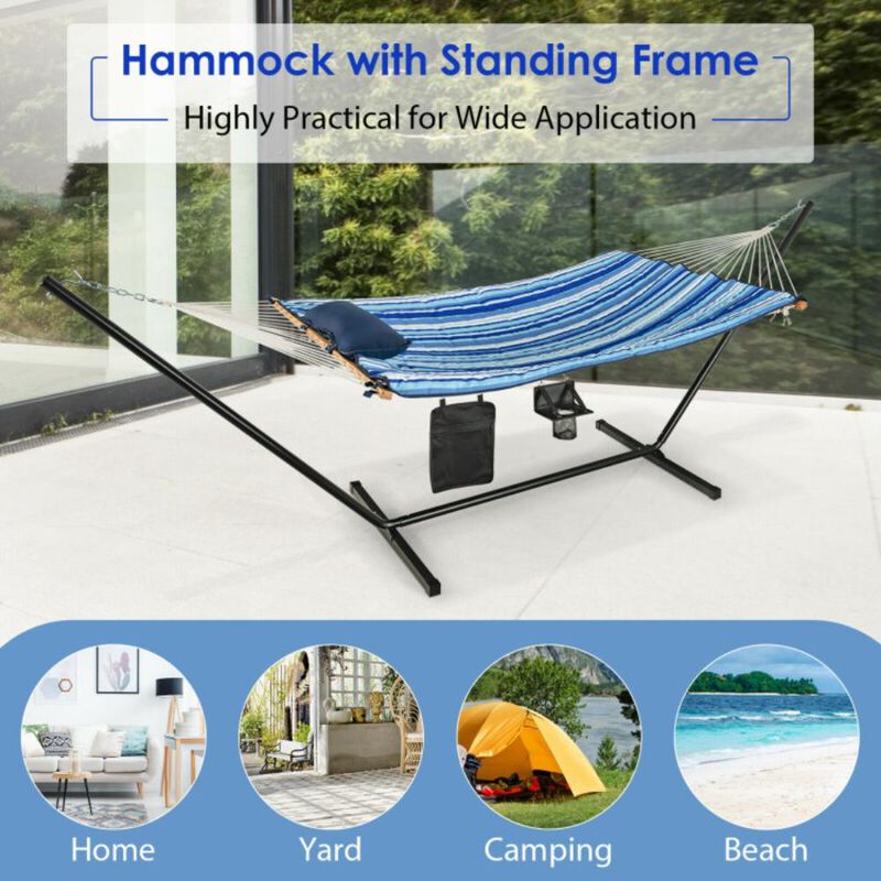 Hivvago  Hammock Chair Stand Set Cotton Swing with Pillow Cup Holder Indoor Outdoor