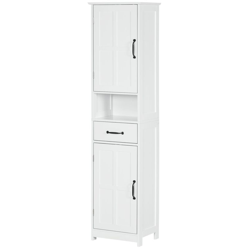 White Bathroom Organizer: Tall Slim Cabinet with Open Shelf & Drawer