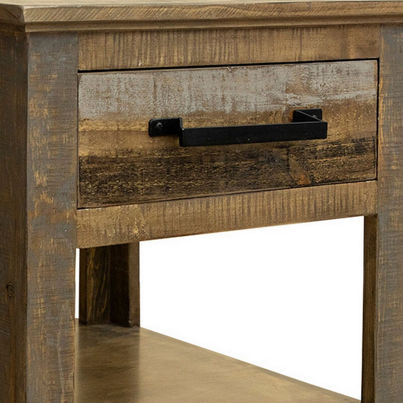 Peya 26 Inch Side End Table, Shelf, 1 Drawer, Distressed Gray, Brown Wood -Benzara