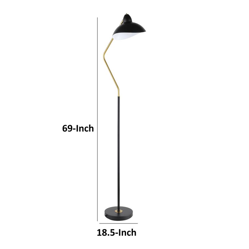 69 Inch Floor Lamp, V Curved Arm, Wavy Edges, Black Metal, Gold, White  - Benzara