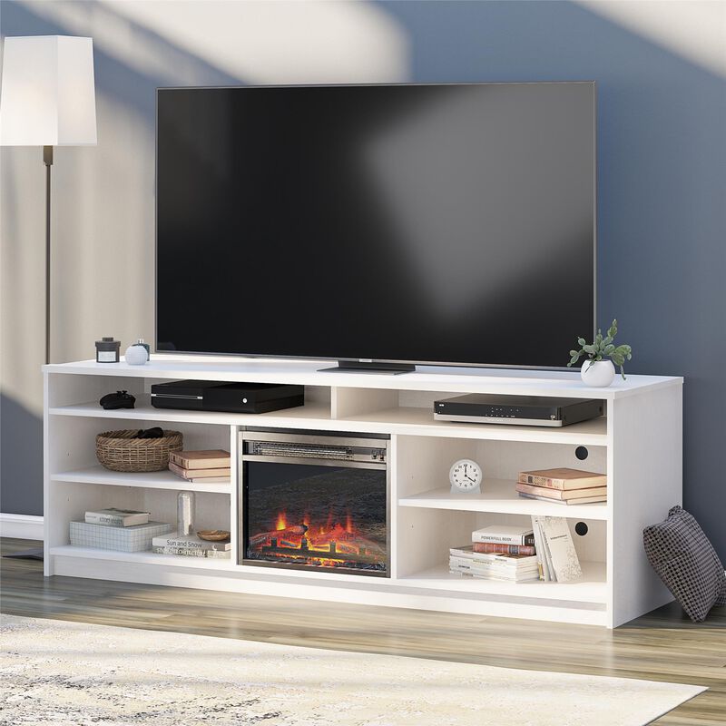 REALROOMS Hickory Hill 75" TV Stand with Electric Fireplace Space Heater and 6 Shelves