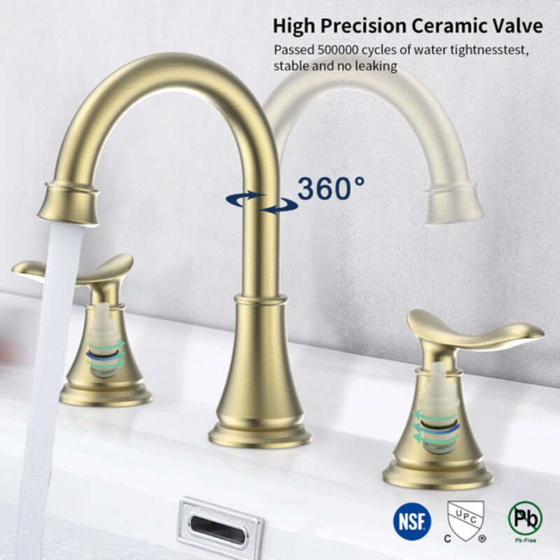 Luxury Brushed Gold Widespread Bathroom Faucet, 2-Handle Lavatory Sink Tap with 360° Swivel Spout
