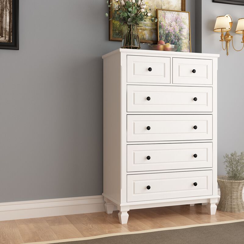 6-Drawers White Wood Chest of Drawers Dresser Vanity Table Storage Cabinet with Wooden Legs 47.4 in. H x 31.5 W x 15.7 D