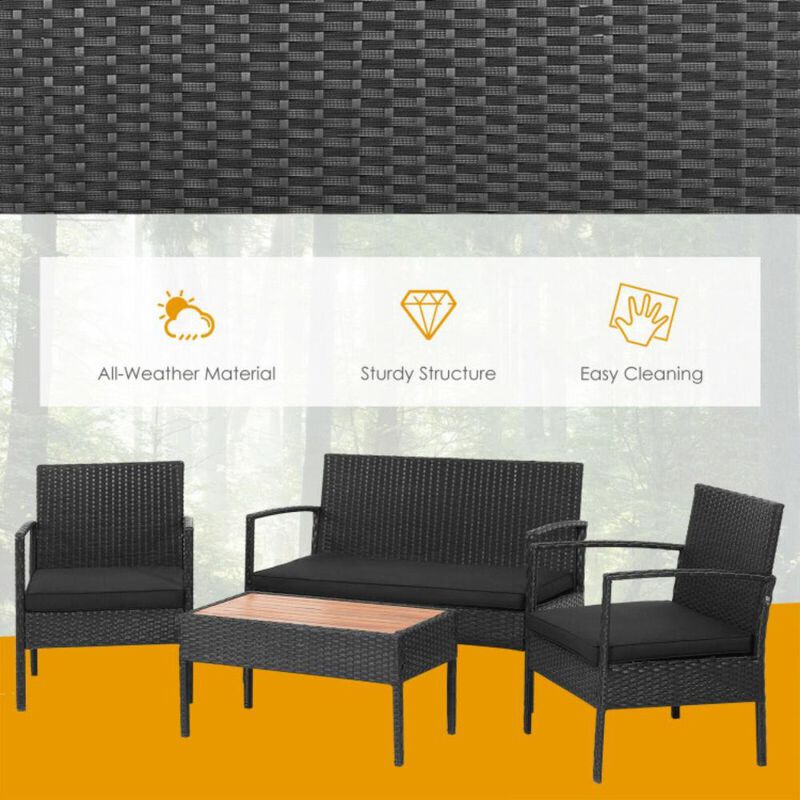 Hivvago 4 Pieces Patio Rattan Cushioned Furniture Set with Wooden Tabletop