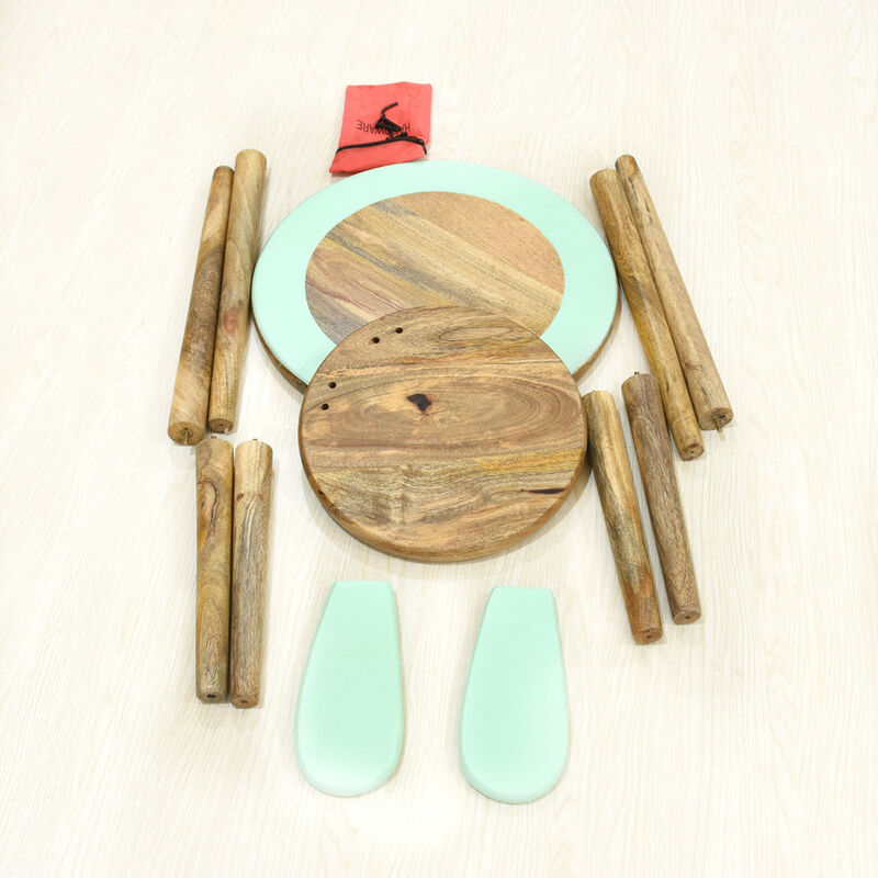 Handmade 100% Mango Wood Kids Light Green Color Round Shaped Rabbit Theme Indoor Table & Chair
