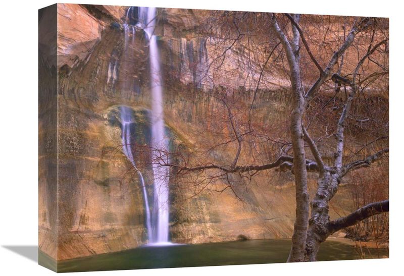 Calf Creek Falls cascading down sandstone cliff with desert varnish, Escalante National Monument, Utah-Canvas Art-16x12