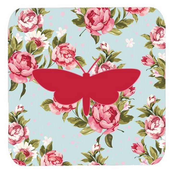 Caroline's Treasures BB1059-RS-BU-FC Moth Shabby Chic Blue Roses Foam Coasters (Set of 4), 3.5 H x 3.5 W, Multicolor