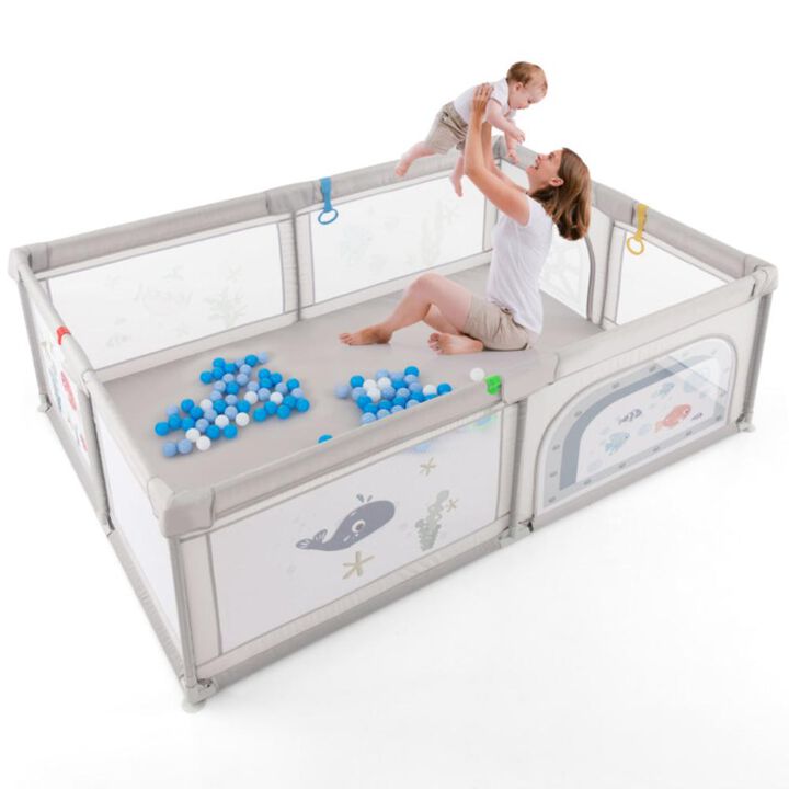 Hivvago Large Baby Playpen with Pull Rings Ocean Balls and Cute Pattern-Whale