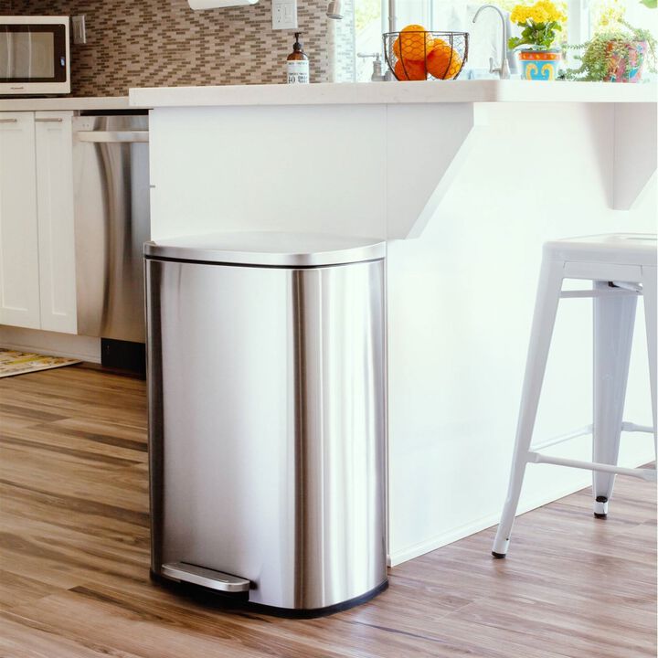 Hivvago 13 Gallon Brushed Stainless Steel Kitchen Trash Can with Step Open Lid