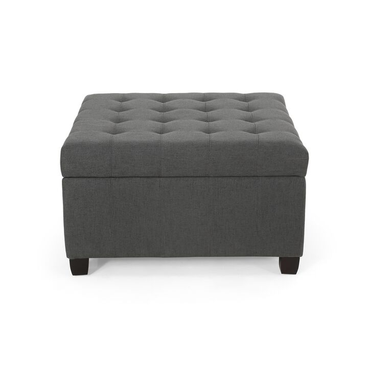 Cindy Ottoman with Storage, 31 Inch Square, Gray Waffle Stitch Fabric - Benzara
