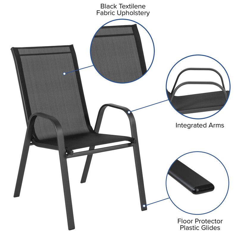 Flash Furniture Brazos 5 Piece Outdoor Patio Dining Set - 4 Black Flex Comfort Stack Chairs - 31.5" Square Tempered Glass Patio Table