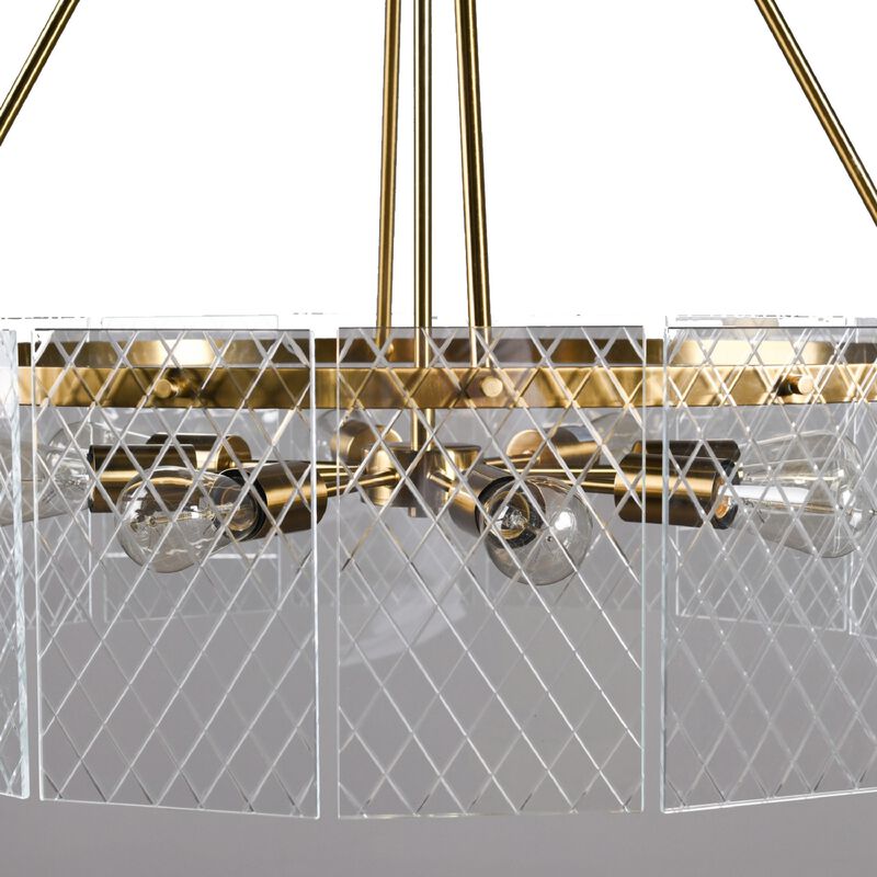 32 Inch Round 8 Light Chandelier, Diamond Lattice, Gold Iron, Clear Glass-Benzara