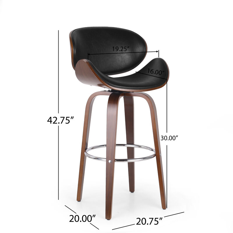 Zaine Swivel Barstool Chair, Walnut Veneer, Black Faux Leather - Benzara